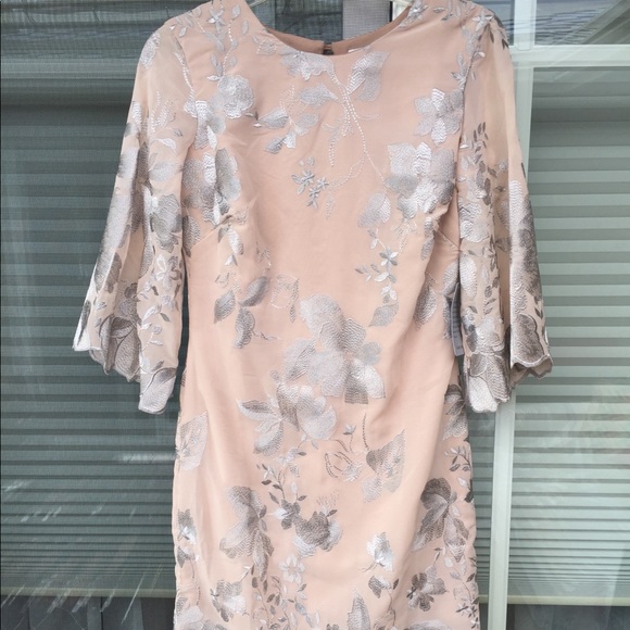 Embroidered Mini Sheath Dress with Bell Sleeves - Picture 3 of 7